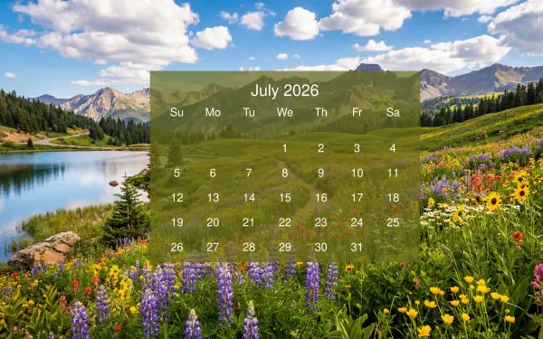 July 2026 calendar overlaid on 5K Ultra HD PC desktop wallpaper: alpine lake and wildflower meadow with mountains under a blue sky.