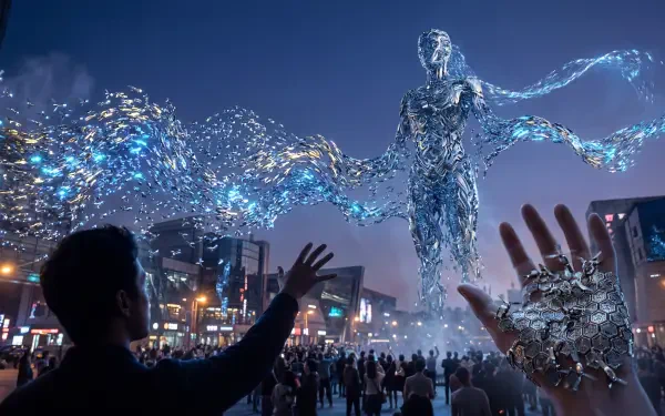 5K Ultra HD PC desktop wallpaper: a luminous nanotech swarm forms a towering humanoid above a city as crowds reach toward a transforming, shimmering nanotech hand in the foreground.