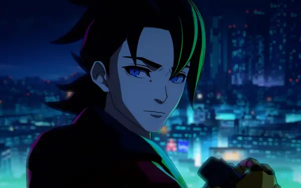 Brooding anime-style character with green-highlighted hair clutching a glowing device before a neon city at night — video game Screamer (2026) 4K Ultra HD PC desktop wallpaper