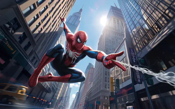 Spider-Man from the movie Spider-Man: Brand New Day swings through a sunlit city skyline; dynamic 2K Quad HD PC desktop wallpaper/background.