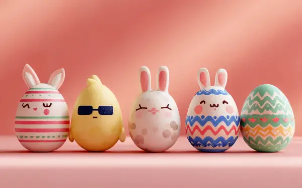 Cute Easter 4K Ultra HD PC desktop wallpaper showing five decorated pastel eggs and a tiny chick wearing sunglasses lined up on a soft pink background.
