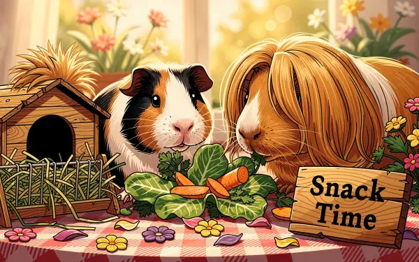4K Ultra HD PC desktop wallpaper of two guinea pigs sharing veggies at a picnic table with a hay house, a Snack Time sign and warm floral sunlight.