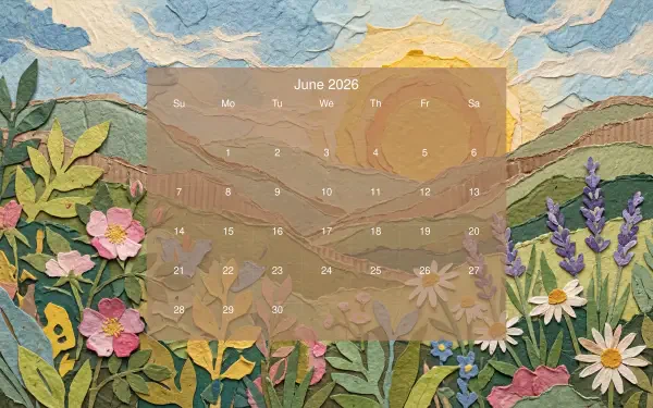 June 2026 calendar overlaid on a 5K Ultra HD PC desktop wallpaper and background: textured paper-cut wildflower meadow with rolling hills and a warm sunrise.
