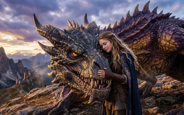 Dragon fantasy 5K Ultra HD PC desktop wallpaper — a young woman gently rests her head on a majestic dragon amid rocky mountains at sunset.