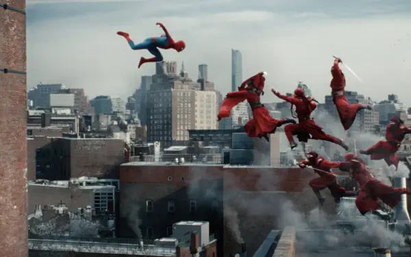 Spider-Man: Brand New Day 4K Ultra HD PC desktop wallpaper — Spider-Man diving over snowy rooftops as cloaked figures leap across a city skyline.