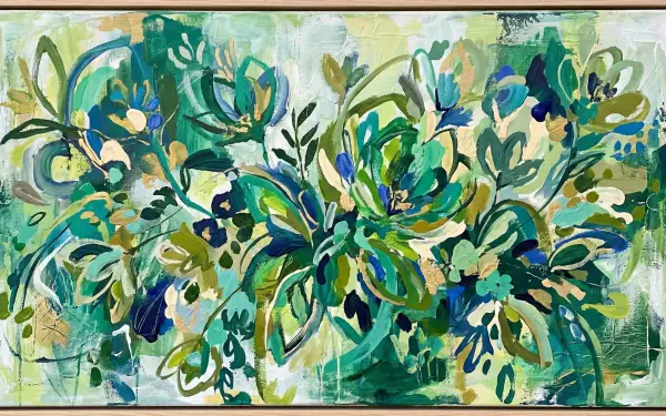 Artistic green abstract floral painting of layered foliage, blooms and textured brushstrokes, 5K Ultra HD PC desktop wallpaper/background.