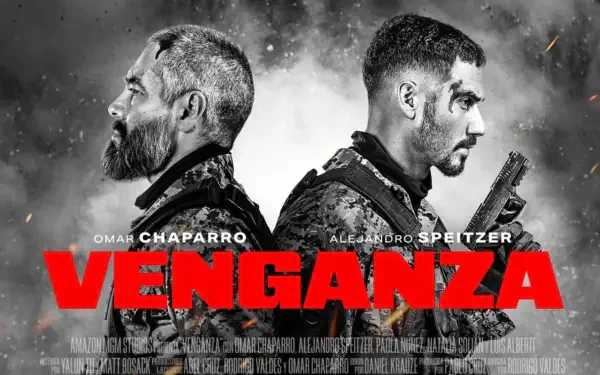 HD PC desktop wallpaper/background: gritty black-and-white image of two armed men back-to-back beneath a bold red title VENGANZA, with smoke, embers, and a tense, cinematic atmosphere.
