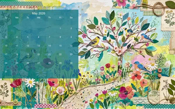 May 2026 calendar 5K Ultra HD PC desktop wallpaper: colorful collage of flowering meadow, bird-filled tree, stitched patchwork patterns and a turquoise calendar overlay.