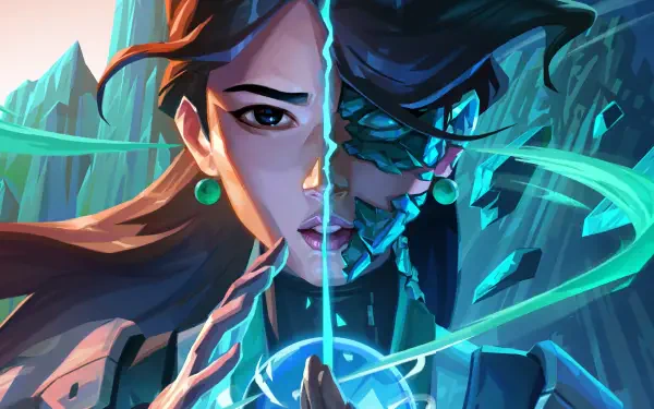 HD PC wallpaper of Valorant's Sage: split portrait of serene healer and spectral armored form, cradling a glowing teal orb against an icy blue background.