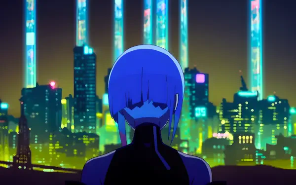 4K Ultra HD PC wallpaper: Lucy (Cyberpunk: Edgerunners), an anime girl silhouetted against Night City's neon skyline.