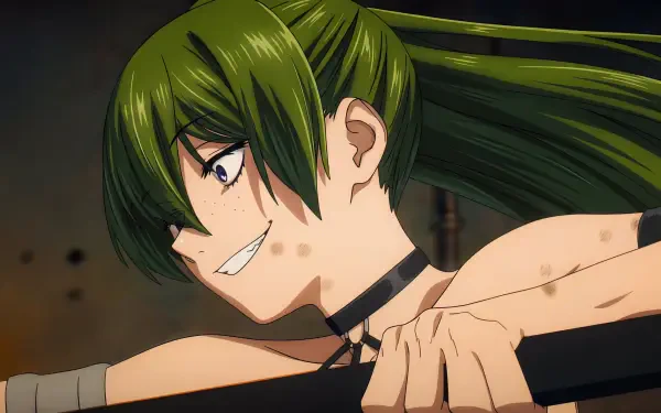5K Ultra HD PC wallpaper of Ubel (Frieren: Beyond Journey's End): green-haired anime mage grinning in a dynamic close-up.