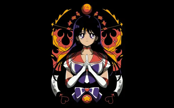 Manga-style Sailor Mars from Sailor Moon standing with hands clasped, fiery motifs and dark backdrop — 4K Ultra HD PC desktop wallpaper.