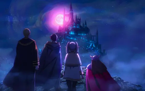 Frieren: Beyond Journey's End — Himmel and companions gaze at a spooky, glowing fantasy castle at night; anime 5K Ultra HD PC desktop wallpaper and background.
