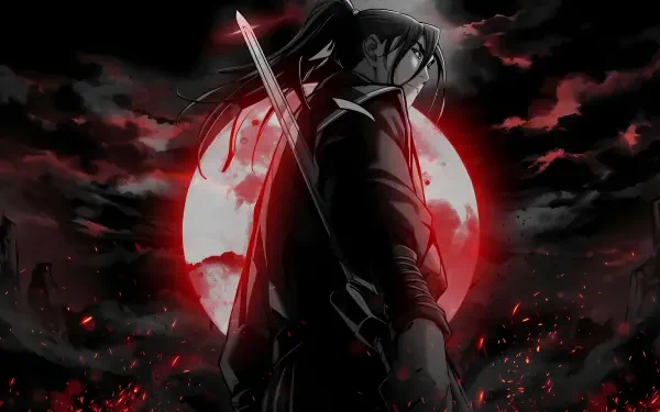 Manhwa-style Death God in AI art: cloaked swordsman silhouetted against a blood-red full moon, ash and embers swirling — 4K Ultra HD PC desktop wallpaper/background.