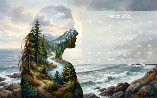 March 2026 calendar on a 5K Ultra HD PC desktop wallpaper/background: double-exposure silhouette filled with forest, river and mountains set against a rocky ocean shoreline.