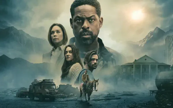 TV Show Paradise (2025) 2K Quad HD wallpaper: four faces loom over a misty ruined town as a horseman approaches a derelict mansion, an armored vehicle nearby under moody dusk light.