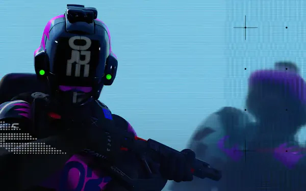 Marathon (Video Game) 4K Ultra HD PC desktop wallpaper: neon-lit soldier in futuristic helmet aims a sci-fi gun amid glitchy blue-pink haze, shadowy armored figure behind.