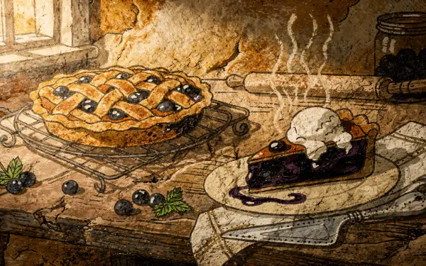 4K Ultra HD PC desktop wallpaper: rustic blueberry lattice pie on a wooden counter, a steaming slice topped with melting ice cream, scattered berries and warm window light.
