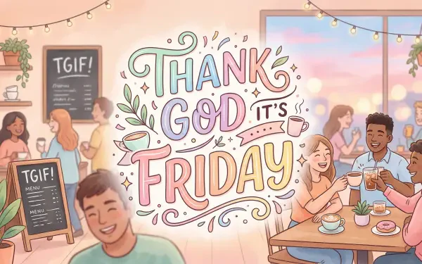 5K Ultra HD PC desktop wallpaper and background: colorful café scene of friends enjoying coffee by a large window, string lights, and bold hand-lettered Thank God It's Friday.