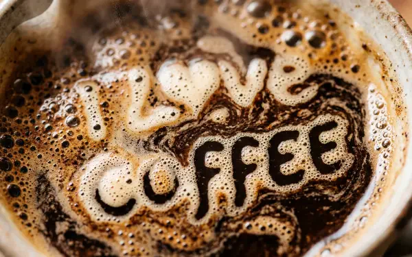 5K Ultra HD PC desktop wallpaper of a steaming coffee cup; crema spells I love coffee in foamy letters amid rich, swirling brown tones.