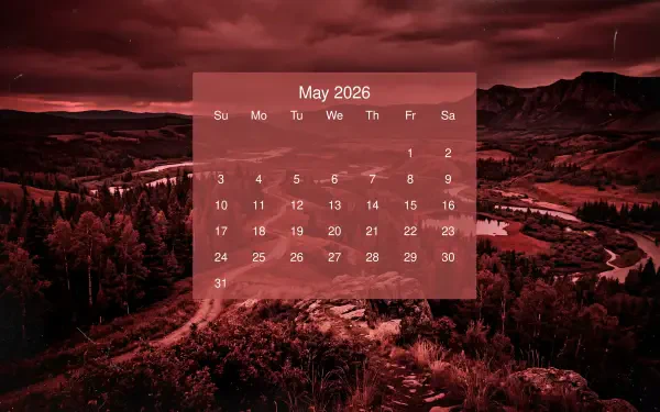 May 2026 calendar overlaying a red-tinted mountain and river landscape — 5K Ultra HD PC desktop wallpaper and background.