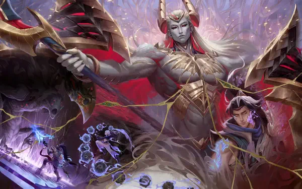 4K Ultra HD League of Legends PC desktop wallpaper: Yunara, Xin Zhao and Zaahen clash amid swirling runes, purple lightning and a dramatic celestial backdrop.