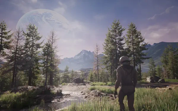 2K Quad HD PC desktop wallpaper from the video game ICARUS: a solitary suited survivor stands by a stream in a pine forest, with distant mountains and a huge moon on the horizon.