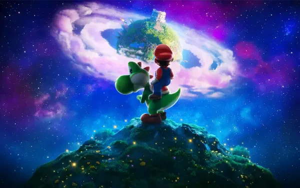 4K Ultra HD PC desktop wallpaper/background for The Super Mario Galaxy Movie showing Mario riding Yoshi atop a starry planet beneath a colorful galaxy and a tiny world in the sky.