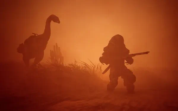 Silhouetted survivor with rifle confronts a towering dinosaur in orange dust — video game ICARUS HD PC desktop wallpaper/background.