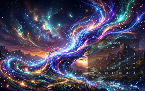 Vivid cosmic landscape of swirling neon nebula, starfield, crescent moon and mountains with glowing foreground; translucent May 2026 calendar — 5K Ultra HD PC desktop wallpaper and background.