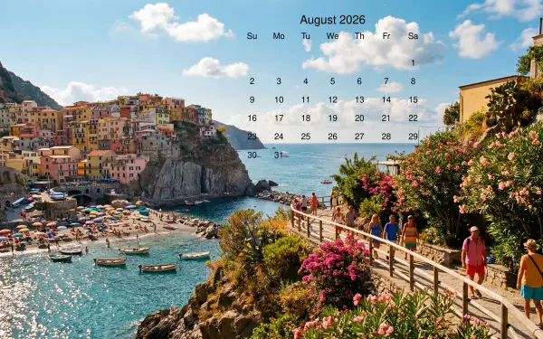 August 2026 calendar displayed on a 5K Ultra HD PC desktop wallpaper and background: sunny coastal village, turquoise bay with boats, cliffside walkway lined with flowers and visitors.