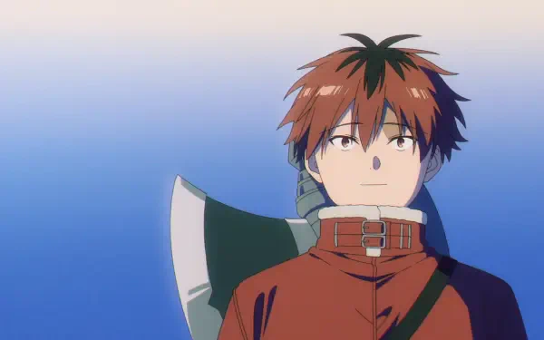 Anime HD PC desktop wallpaper: Stark (Frieren: Beyond Journey's End) — red-brown haired young man in an orange cloak and green scarf gazes calmly against a soft gradient blue sky.