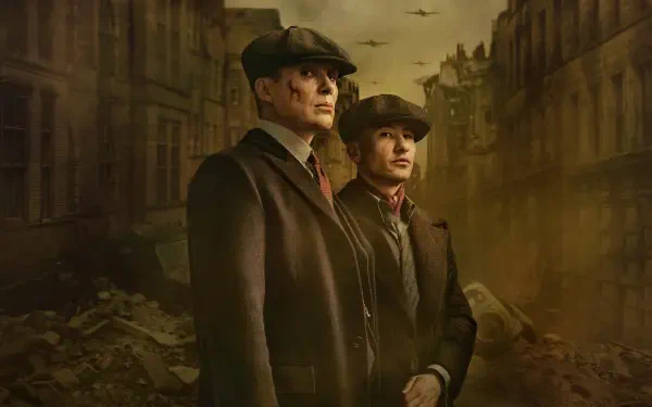 Peaky Blinders: The Immortal Man 4K Ultra HD PC desktop wallpaper and background — two men in period coats and flat caps stand in a ruined, smoky 1920s street under a sepia sky.