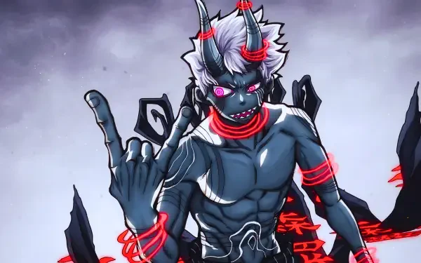 5K Fire Force anime wallpaper: Shinra Kusakabe reimagined as a horned demon rock & roll antihero, glowing red eyes, chains and a smoky, high-contrast background.