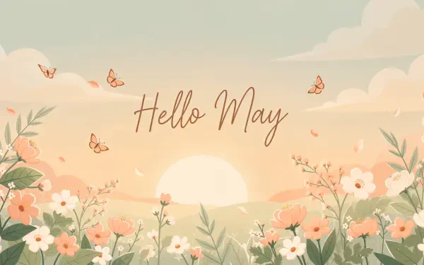 Pastel sunrise over a meadow of wildflowers and butterflies with Hello May script — 4K Ultra HD PC desktop wallpaper/background