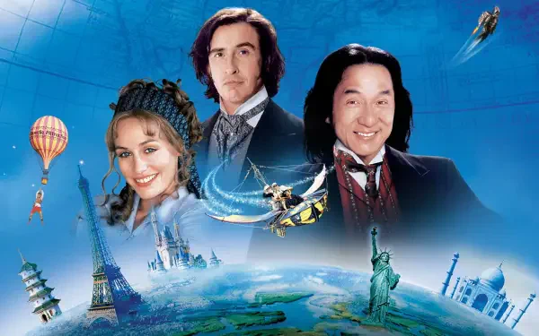 HD PC desktop wallpaper for Around the World in 80 Days (2004): three characters over a stylized globe with a hot-air balloon, Eiffel Tower, Statue of Liberty and other landmarks.