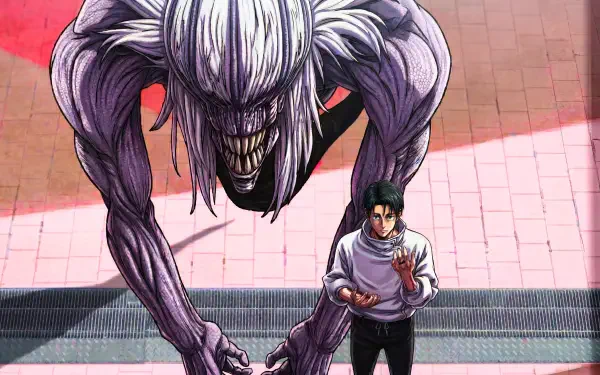 5K Ultra HD Jujutsu Kaisen 3rd Season wallpaper: Yuta Okkotsu stands tense as Rika’s towering cursed spirit looms behind him in a dark anime scene.