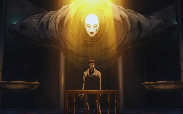 Hiromi Higuruma (Jujutsu Kaisen 3rd Season) stands at a wooden lectern as a glowing shinigami spirit looms above in a dark hall — 5K Ultra HD anime PC desktop wallpaper.