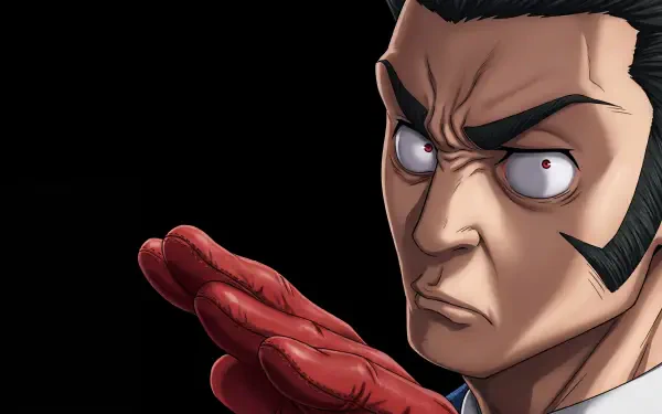 Close-up of a stern sorcerer from Jujutsu Kaisen 3rd Season, red-gloved hand raised against a black backdrop — 5K Ultra HD PC desktop wallpaper.