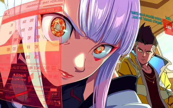 5K Ultra HD PC wallpaper of Cyberpunk: Edgerunners — Lucy in foreground with glowing cybernetic eye and hacking overlays, David standing behind; neon anime girl aesthetic.