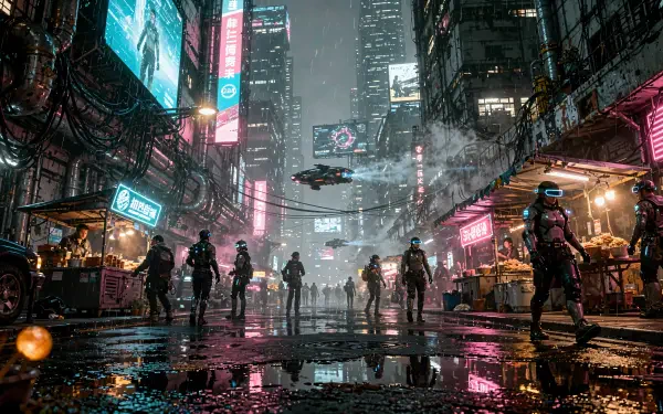 4K Ultra HD PC desktop wallpaper of a rainy cyberpunk city street at night with neon signs, market stalls, silhouetted figures and a hovering drone reflected in wet pavement.