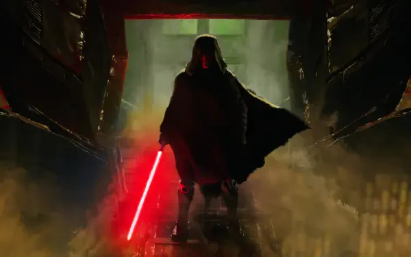 Darth Maul — Maul: Shadow Lord wallpaper: silhouetted Sith in cloak holding a red lightsaber, walking through a smoky industrial corridor. 2K Quad HD PC desktop background.
