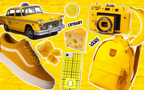 Yellow vintage aesthetic sticker collage — taxi, camera, Vans sneaker, backpack, cheese, phone case — HD PC desktop wallpaper/background.