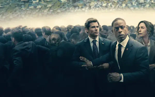 Paradise — 4K Ultra HD PC desktop wallpaper: shadowy crowd with three suited figures emerging through mist under a moody, cinematic sky.