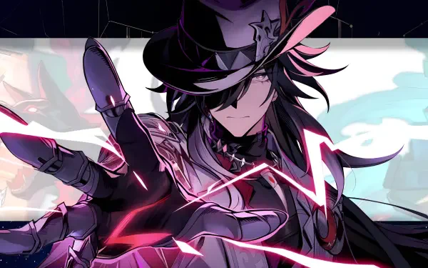 Honkai: Star Rail anime boy Ashveil in a hat and cloak reaches out as crackling pink energy arcs around him — 2K Quad HD PC desktop wallpaper/background.