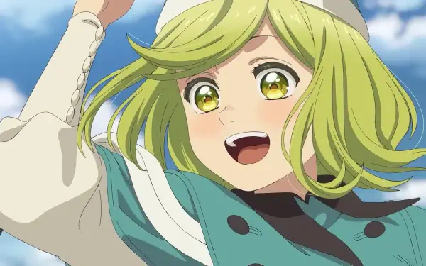 HD PC desktop wallpaper background: anime artwork of Coco from Witch Hat Atelier, smiling with wind-blown green hair and bright golden eyes under a blue sky.