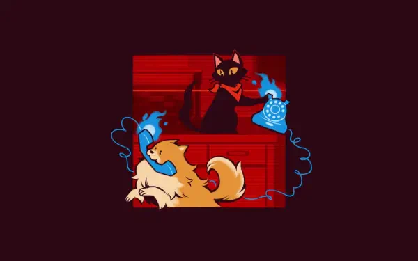 2K Quad HD PC wallpaper from the video game Ghost Trick: Phantom Detective showing a black cat and a curled dog with glowing blue phone cords on a deep red background.
