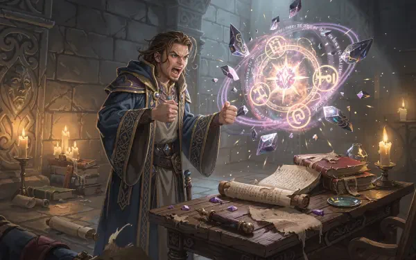 Frustrated wizard in a candlelit study battling a chaotic spell above an open grimoire — detailed 4K Ultra HD PC desktop wallpaper and background.