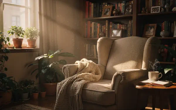 Cozy reading nook: wingback armchair draped with a blanket, sunlit plants and a bookshelf. 4K Ultra HD PC desktop wallpaper and background.