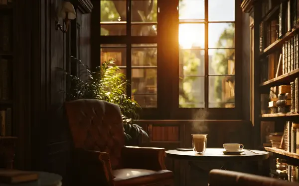 Cozy aesthetic brown reading room with a leather armchair, sunlit window and bookshelves — 2K Quad HD PC desktop wallpaper and background.